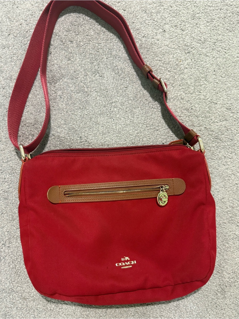 Coach Red Crossbody with Tan Leather Trim and Gold Accent